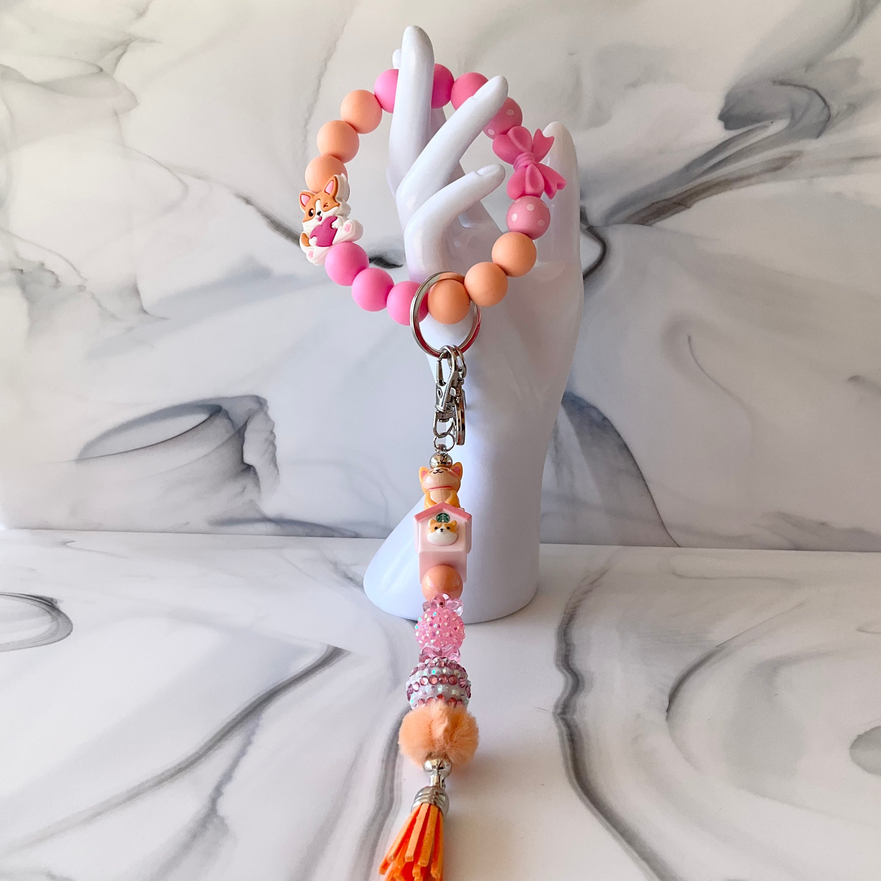 Cute Corgi Coral & Pink Silicone Wristlet and Keychain Large