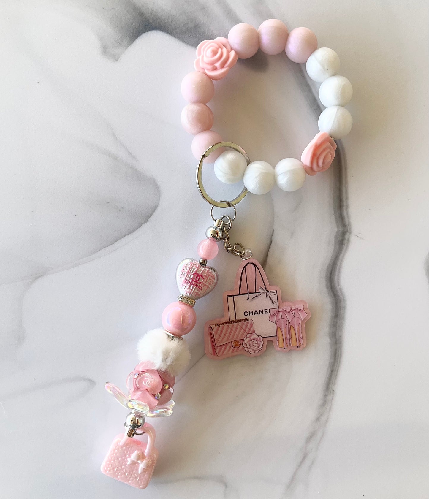 Cici Light Pink & White Silicone Wristlet Keychain Small
