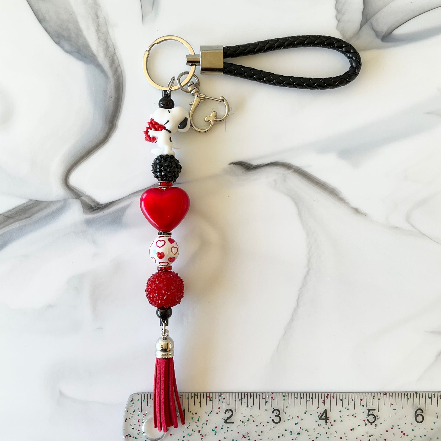 Snoopy Red Hearts Black Faux Leather Wristlet Keychain