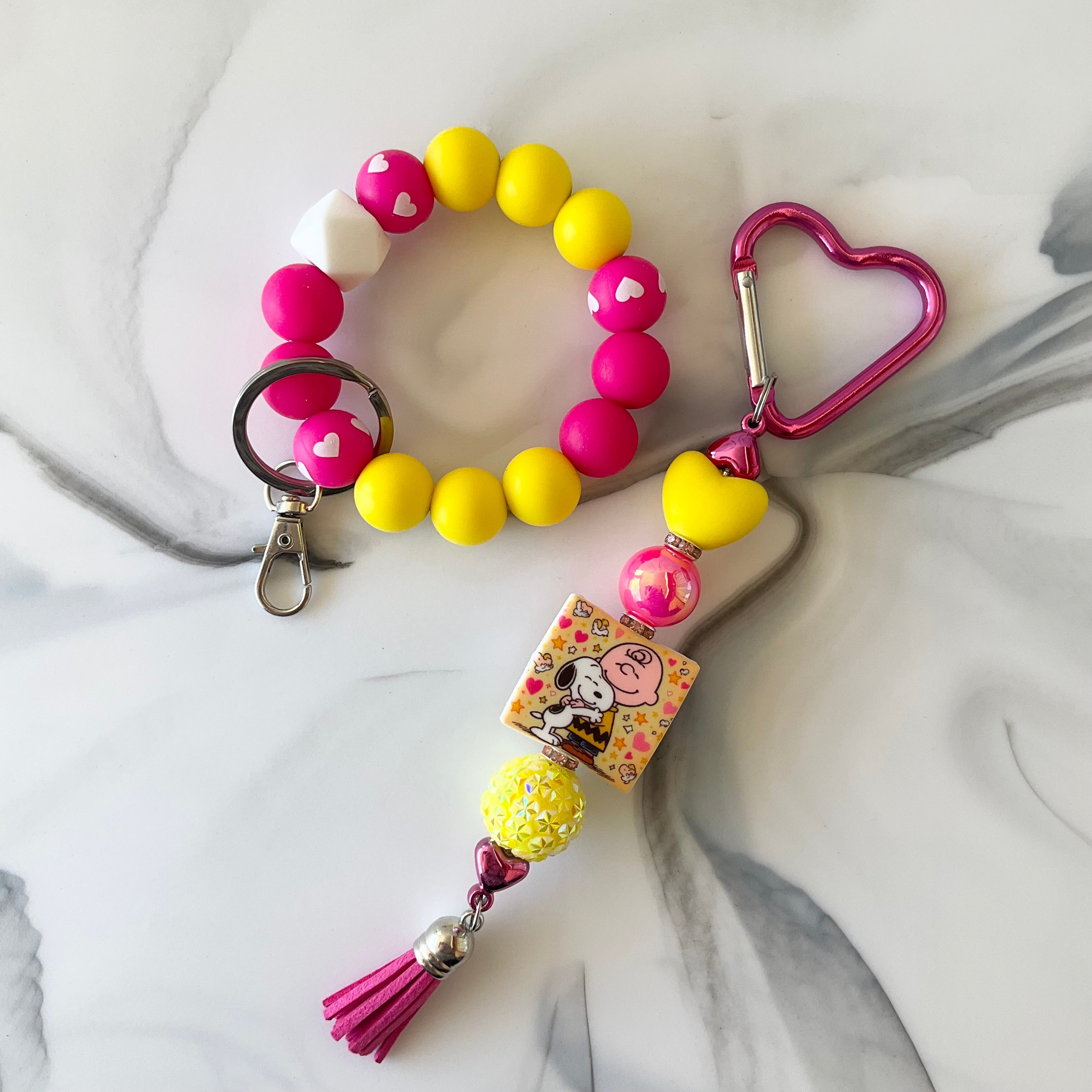Cute Beagle Hot Pink & Yellow Silicone Wristlet and Keychain Set Small