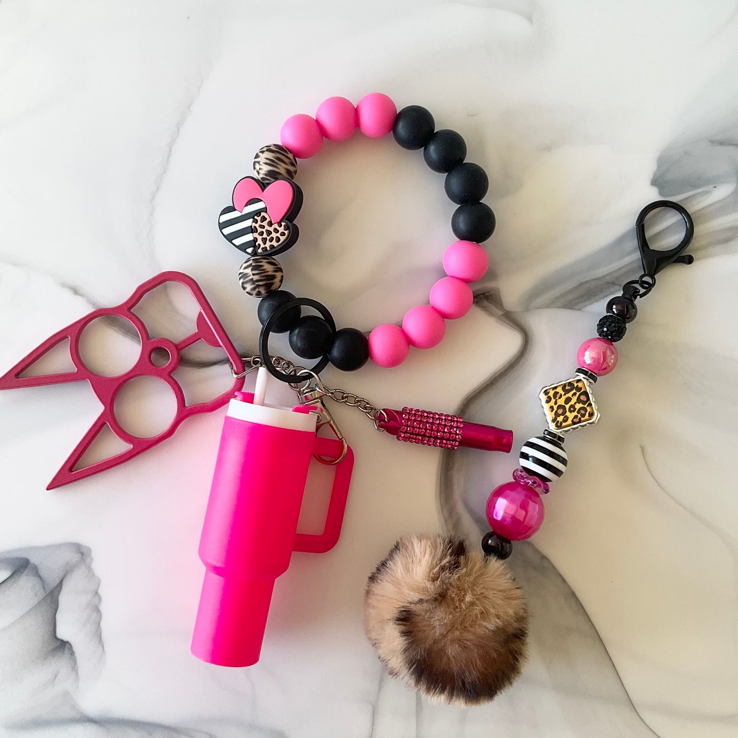 Hot Pink Leopard Print Silicone Wristlet Self Defense Keychain Set Large