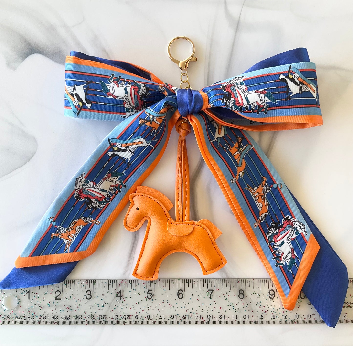 Royal Blue & Orange Faux Leather Pony Satin Bow Bag Charm
