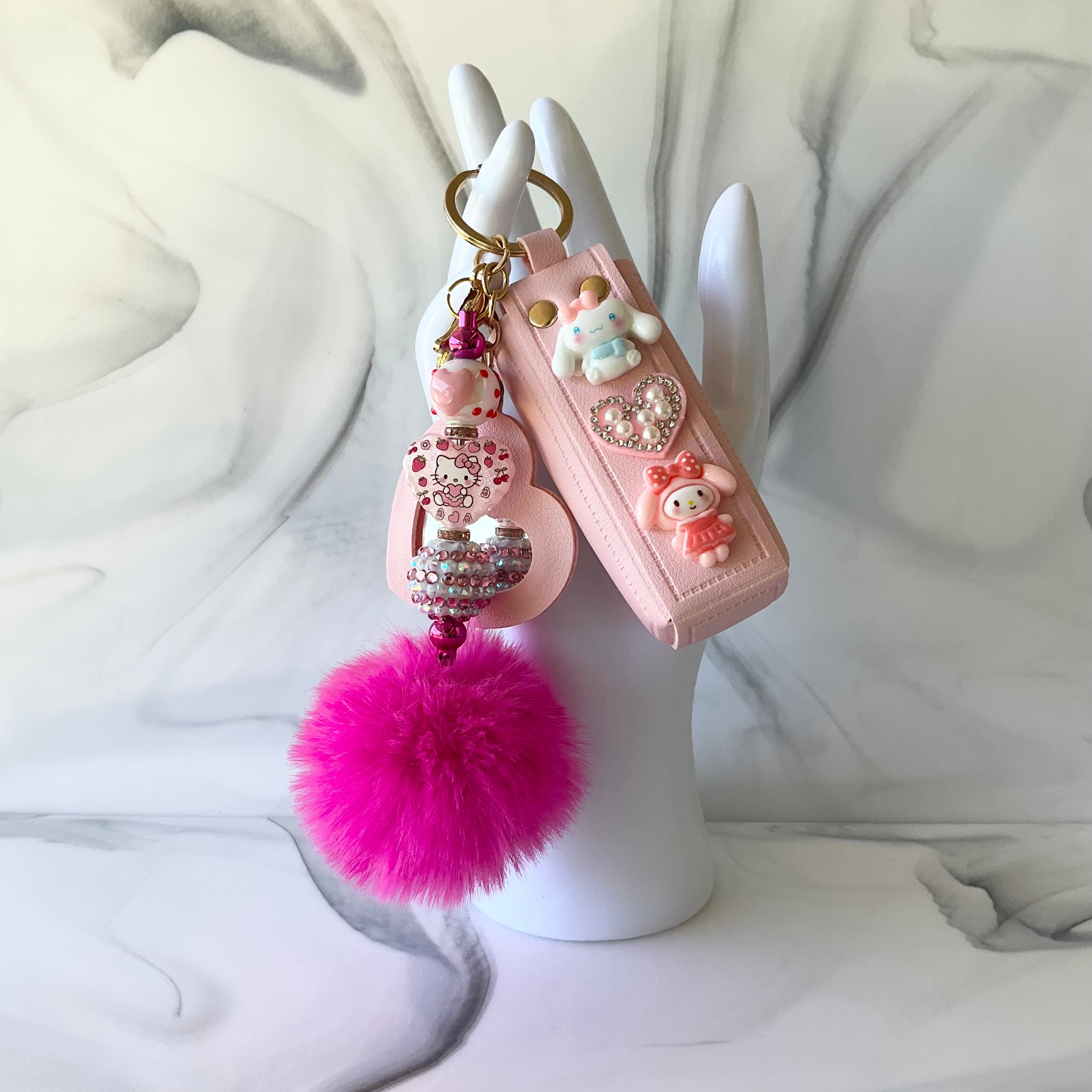 Cute Kitty Pink Lipstick Holder, Mirror, and Keychain