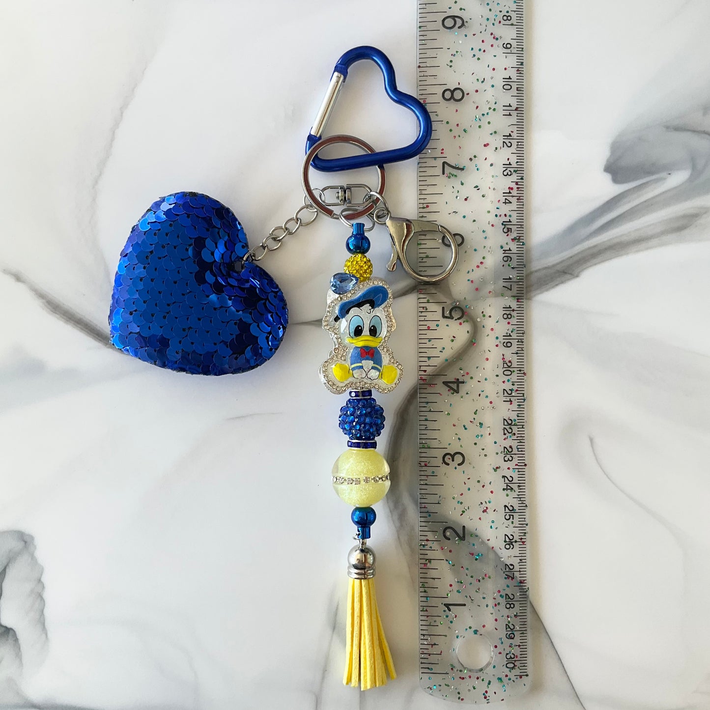 Boy Duck Royal Blue & Yellow Sequin Heart Keychain Bag Charm