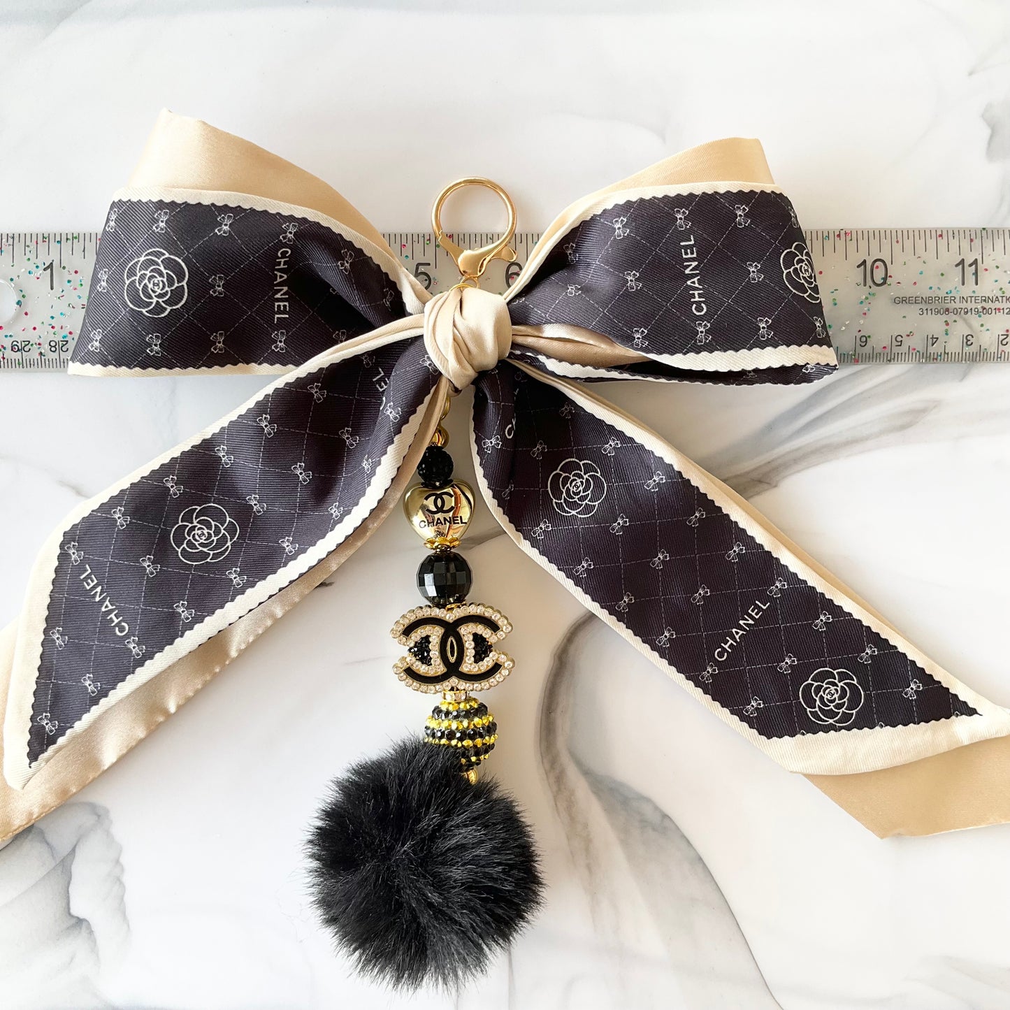 Cici  Black & Ivory Gold Tone Rhinestone Sparkle Large Bow Bag Charm