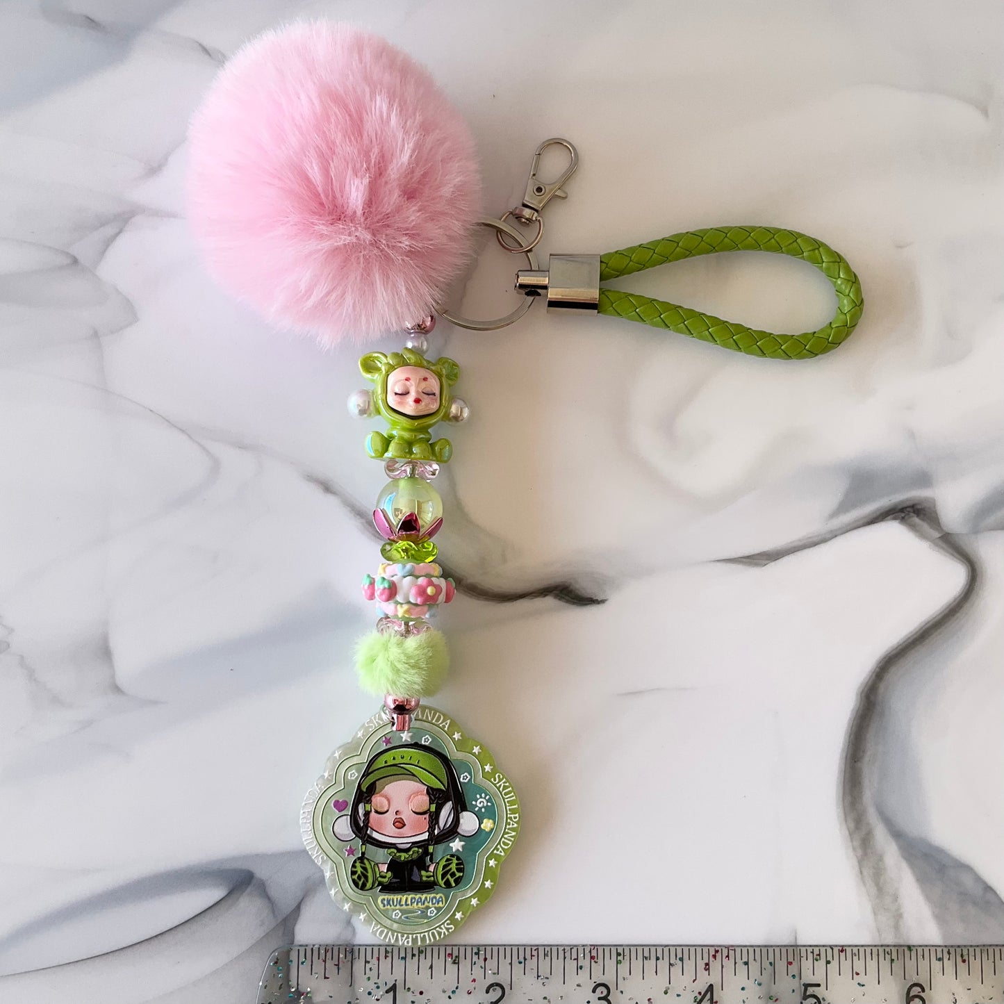 Skull Girl Light Pink and Green Faux Leather Keychain Wristlet