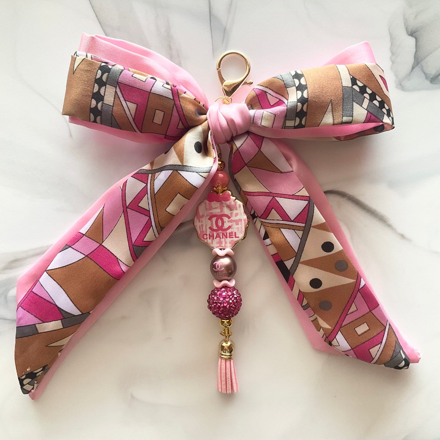 Cici Pink & Tan Gold Tone Large Satin Bow Bag Charm