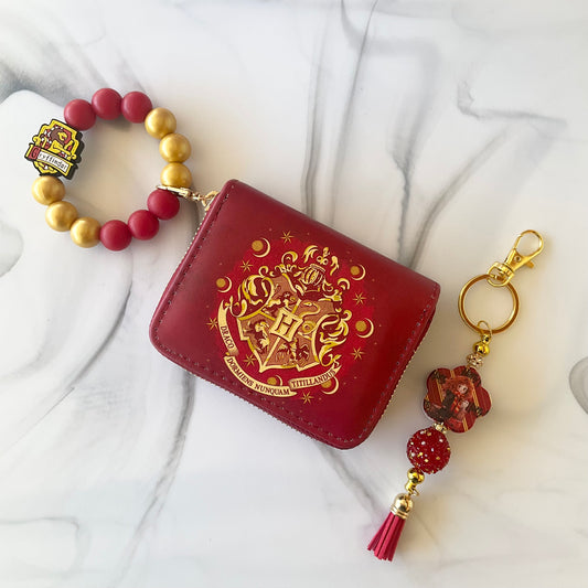 Wizard Boy Dark Red & Gold Silicone Wristlet Wallet and Keychain Set Small