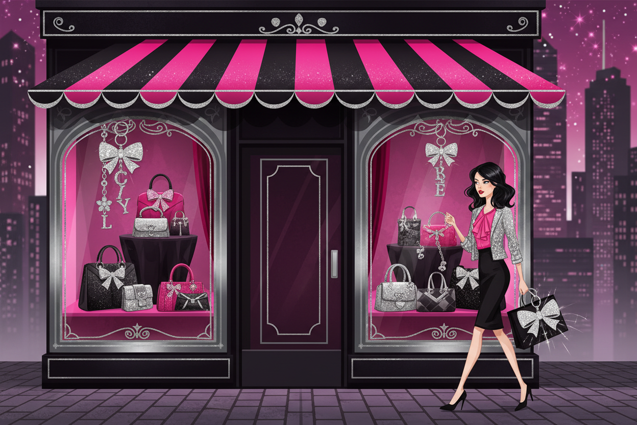 Animated girl walking past boutique with shopping bag in pink and black